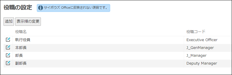 スクリーンショット:役職の一覧が表示されている