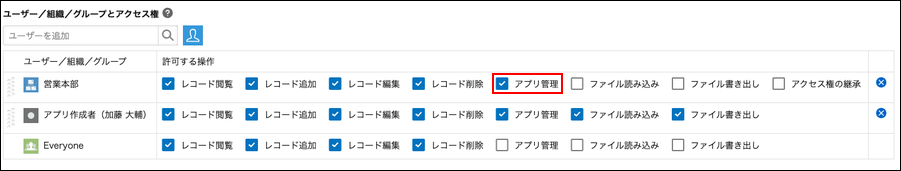 スクリーンショット：［アプリのアクセス権］画面の設定例