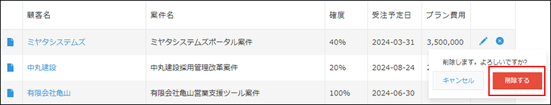 スクリーンショット：［削除する］アイコンをクリックしたあとに表示される［削除する］ボタンを枠線で強調