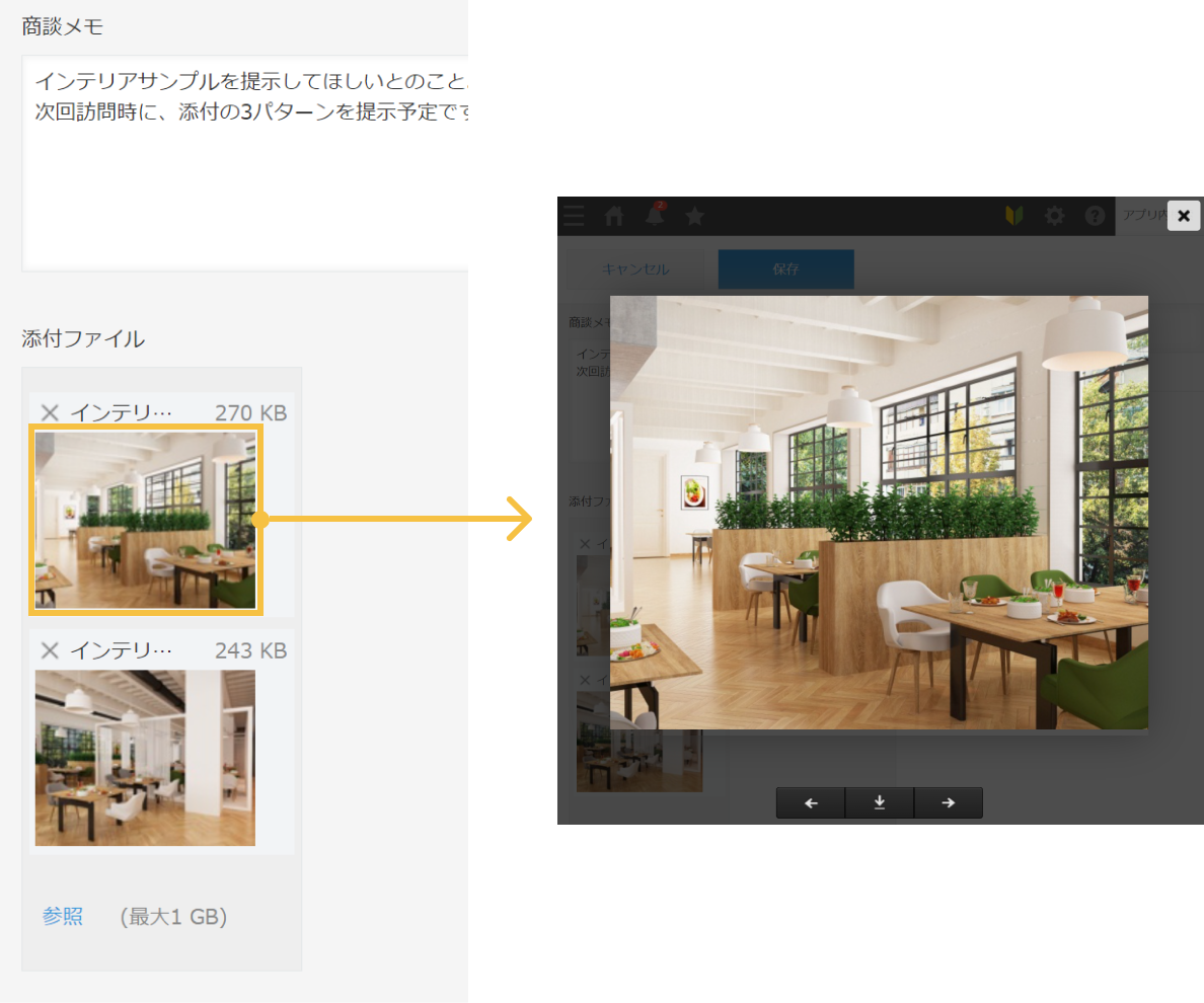 レコード編集画面の添付ファイルフィールドのサムネイルをクリックして拡大した画像