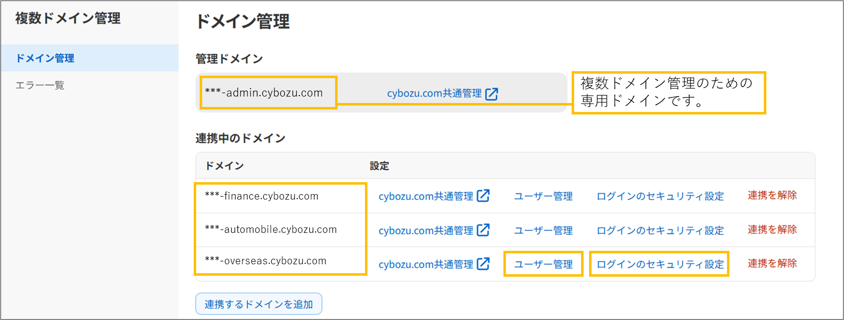 複数ドメイン管理のドメイン管理画面(管理ドメインと連携中のドメイン一覧)