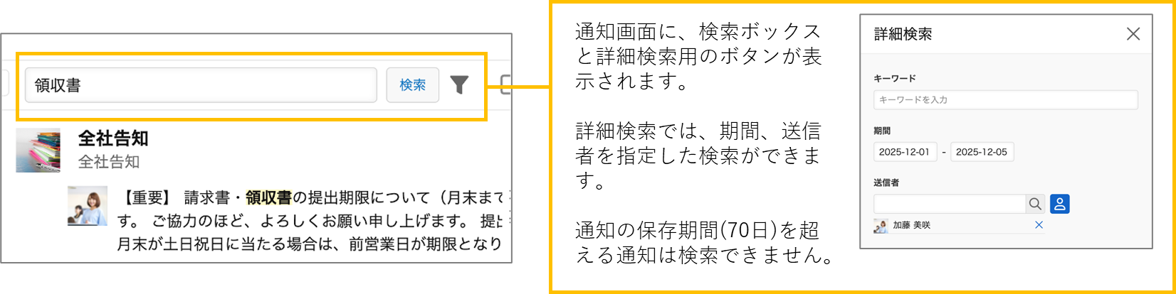 通知画面の検索ボックスにキーワードを入力した状態(左)と詳細検索パネルの画面(右)