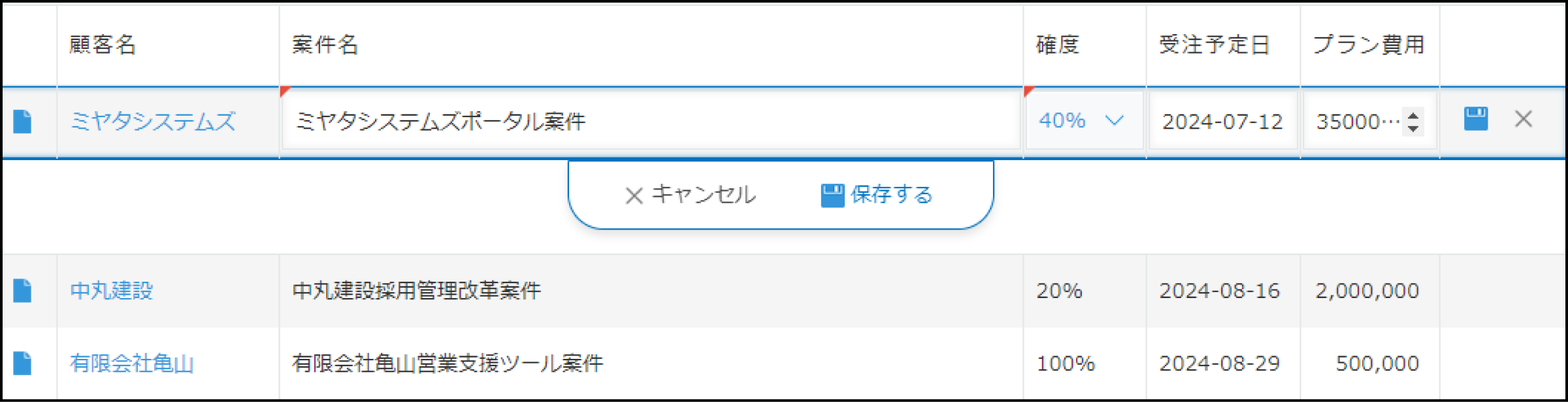 レコード一覧画面で行をダブルクリックし、編集中の様子
