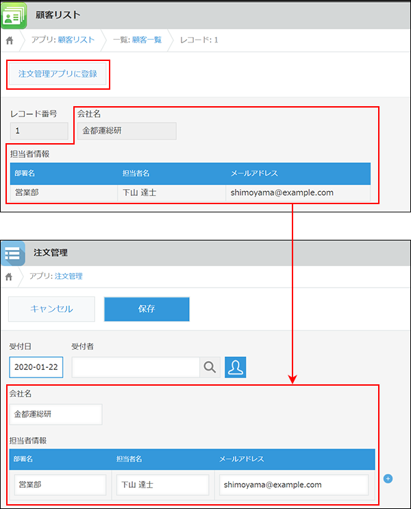 スクリーンショット:アプリアクションを利用してレコードを追加するイメージ