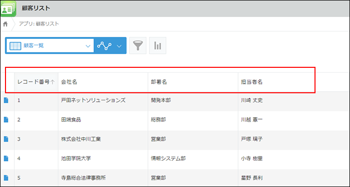 スクリーンショット：［レコードの一覧］画面でフィールド名が表示されている行を赤枠で強調している