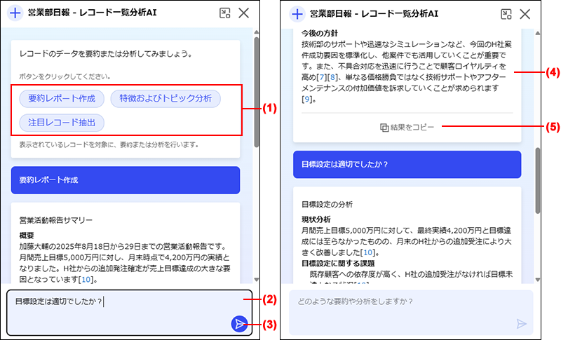 スクリーンショット：レコード一覧分析AIの利用画面のチャットボットエリア